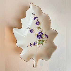 Lefton China vintage hand painted purple floral leaf trinket dish with gold trim